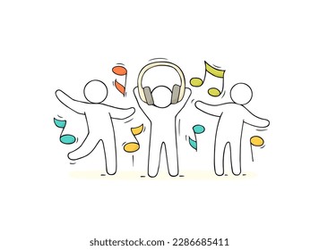 Happy people listen music, dance and have fun. Doodle sketch with flying music notes and cute little men in headphones isolated on white background, vector hand drawn illustration