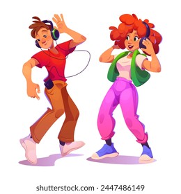 Happy people listen music. Man person with phone and young girl dance and have fun. Female student enjoy song sound in headphones at home isolated icon. Funny action on disco party cartoon graphic