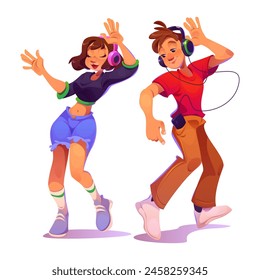 Happy people listen music. Man person and young girl with phone dance and have fun. Female student enjoy song sound in headphones at home isolated icon. Funny action on disco party cartoon graphic