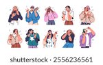 Happy people listening to music with headphones, earphones, speakers. Smiling characters in head phones, enjoying favorite tunes, singing songs. Flat vector illustration isolated on white background