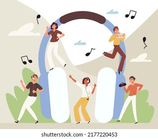 Happy people listening music near big headphones, dancing music lovers. Teen people dancing and listening music flat vector illustration. Music addiction concept