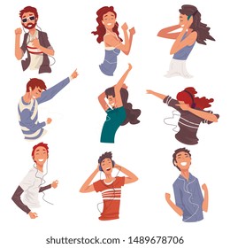 Happy People Listening to Music Wearing Earphones and Headphones Set, Happy Teen Boys and Girls Using Smartphone or Audio Player Vector Illustration