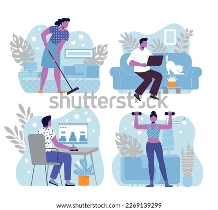 Happy people living alone. Set of single men and women spending time in apartment. Characters lead solo lifestyle, cleaning, exercising and working. Cartoon flat vector collection isolated on white
