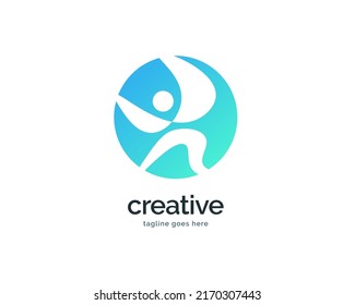 Happy People Logo Design In Blue Gradient. Abstract Human Logo For Business Logo Identity. Human Icon Vector Illustration