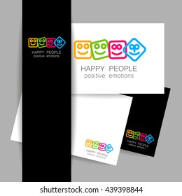 Glückliche Leute Logo-Vorlage. Konzept Identitätspräsentation Design für Unternehmen. Positive Emotionen, Unterhaltung, Einheitsemblem, glückliches Team, Gesellschaft Fonds und so weiter. Vektorgrafik.  