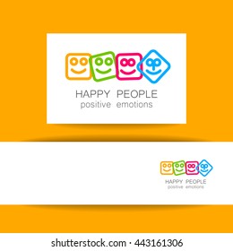 Glückliche Leute Logo-Vorlage. Konzept Identitätspräsentation Design für Unternehmen. Positive Emotionen, fröhliche Spiele, Unterhaltung, Einheitsemblem, glückliches Menschen-Team, Gesellschaft Fonds und etc. Vector.  