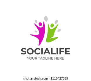 Happy people logo template. Fun human of tree vector design. Colorful person logotype