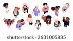Happy people look up set. Smiling men and women hand gesturing, greeting, waving, take photo and selfie top view. Above of crowd with joyful face. Flat isolated vector illustration on white background