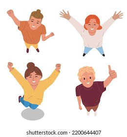 Happy people looking up jumping with joy top view flat isolated vector illustration