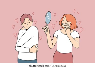 Happy people looking in mirror or hug themselves showing self-love and admiration. Man and woman loving inner beauty. Vector illustration. 