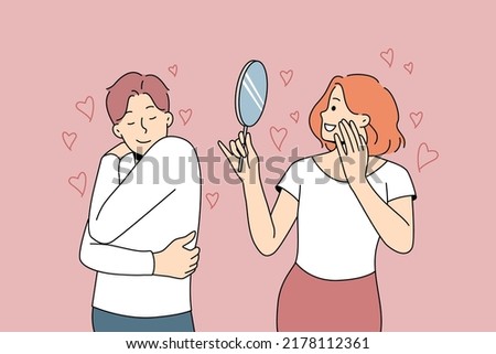 Happy people looking in mirror or hug themselves showing self-love and admiration. Man and woman loving inner beauty. Vector illustration. 