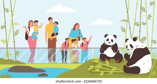 Happy people looking at pandas eating bamboo in zoo flat vector illustration