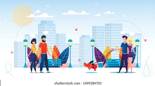 Happy People in Love Walking City Park Together. Pairs Holding Hands on Walk Along or with Dog. Joyful Time, Outdoors Activities. Romantic Date. Trendy Flat Design. Cartoon Vector Illustration