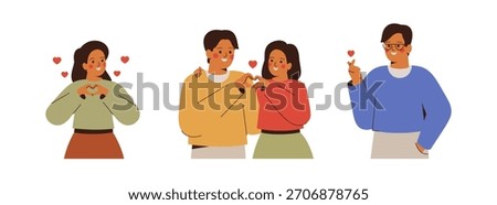 Happy people make heart shape by palms. Korean women and men show hands gesture of love and respect, kindness, relationship and friendship symbol. Vector illustration