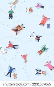 Happy people making angels, lying on snow, top view. Men, women and children at winter holiday fun. Characters, adults and kids with arms wings in cold weather, overhead. Flat vector illustration