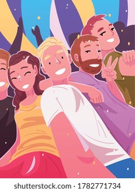 Happy People Making Selfie and Having Fun at Nightclub, Party or Music Festival Vector Illustration