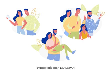 Happy People Making Selfie Set Isolated on White Background. Loving Smiling Couples and Friends Company Photographing Themselves on Smartphone Camera. Friendship, Love Cartoon Flat Vector Illustration