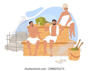 Personajes hombres y mujeres felices en la ilustración vectorial de sala de vapor. El hombre y la mujer disfrutan de servicios de balneario, sauna caliente o terapia de baño