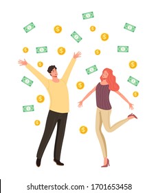 Happy people man woman characters jumping under money rain. Financial success concept. Vector flat cartoon graphic design illustration