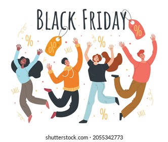 Happy people man woman characters celebraiting Black Friday sale design element concept. Vector cartoon illustration