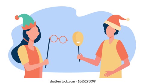 Happy people in masquerade costumes with masks. Festival, event, fun flat vector illustration. Celebration and holiday concept for banner, website design or landing web page