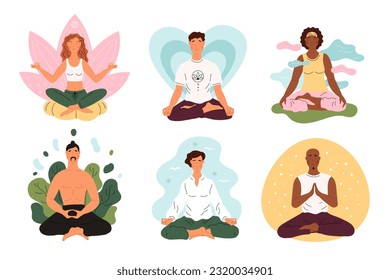 Happy people meditate. Lotus position. Men and women on yoga practice. Balance or calm relax. Enlightenment and nirvana state. Outdoor meditation. Yogi sitting in asana