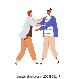 Happy people meeting and greeting each other with hugs. Men welcoming with smile and joy. Guys friends reunion. Interracial friendship concept. Flat vector illustration isolated on white background