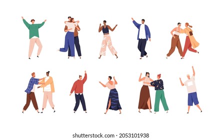 Happy people meeting others with joy. Set of positive men and women friends welcoming, hugging and greeting with hand gesture. Reunion concept. Flat vector illustration isolated on white background