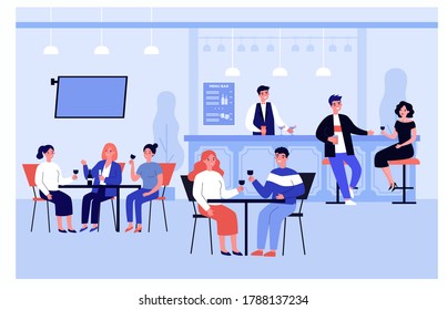 Happy people meeting in pub or bar for dinner, drinking and eating isolated flat vector illustration. Cartoon friends sitting in cafe with wine. Weekend and lifestyle concept