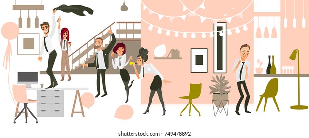 Happy people, men and women, having fun, dancing, drinking at corporate party in decorated office environment, flat cartoon vector illustration. People having corporate party, celebrating in office