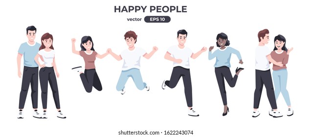 Happy people. Men and women jumping and dancing. Cute cartoon characters. Couples in love. Business success template. Jump, smile and laugh. Simple modern design. Flat style vector illustration.