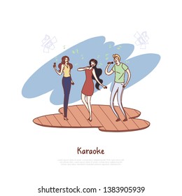 Happy people with microphones, friends group leisure, entertainment, song competition, musical party banner