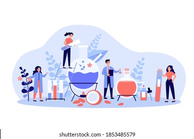 Happy people mixing herbs in flasks for essential oils flat vector illustration. Cartoon characters making cosmetics from organic ingredients. Chemistry and healthcare in cosmetology concept