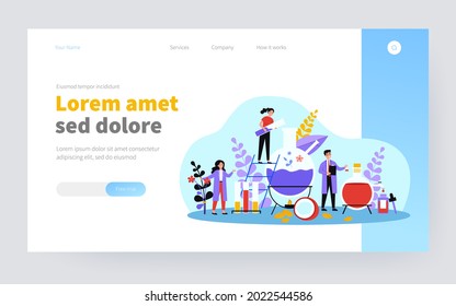 Happy people mixing herbs in flasks for essential oils flat vector illustration. Cartoon characters making cosmetics from organic ingredients. Chemistry and healthcare in cosmetology concept