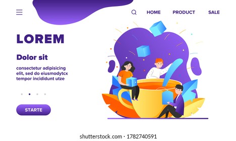 Happy people mixing sugar in big cup of tea. Spoon, office, lunch flat vector illustration. Hot beverages and coffee break concept for banner, website design or landing web page