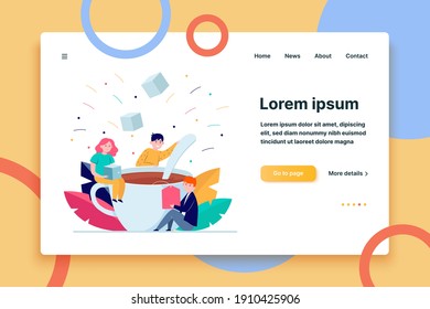 Happy people mixing sugar in big cup of tea. Spoon, office, lunch flat vector illustration. Hot beverages and coffee break concept for banner, website design or landing web page