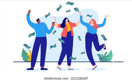 Gente feliz y dinero - Equipo de tres empresarios vestidos de manera informal celebrando y alentando el éxito financiero y las ganancias. Ilustración de dibujos animados de diseño plano con fondo blanco