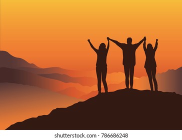 Happy people in the mountains. Family standing on top of the mountain holding raised hands.  Vector illustration. Blue Ridge Mountains, North Carolina, USA.