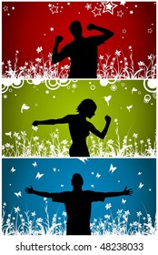 Happy people moving with different backgrounds.
