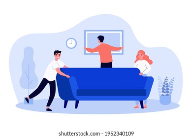 Happy people moving into new apartment or house. Couple moving sofa, friend hanging picture flat vector illustration. Moving, new home concept for banner, website design or landing web page