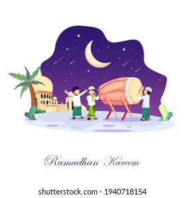 Happy people Muslim celebrate Ramadan Kareem with Bedug or drum vector illustration. Flat vector template Style Suitable for Web Landing Page, Background.