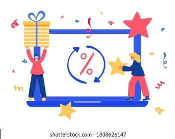 Happy people near the monitor screen with gift box and star in their hands. Vector illustration. Online reward concept. 