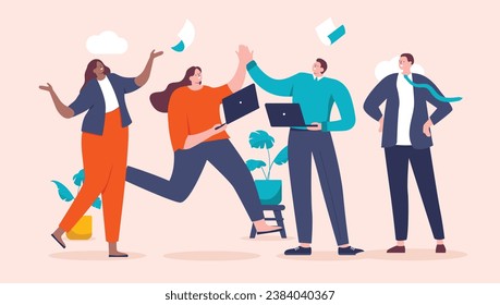 Gente feliz en el cargo - Empresarios celebrando, animando y sonriendo mientras daban cinco. Éxito del trabajo en equipo y concepto de celebración, ilustración vectorial de diseño plano