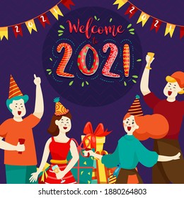 Happy people or office workers, employees hold big numbers 2021. Group of friends or team wish Merry Christmas and happy New Year