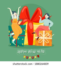 Happy people or office workers, employees hold big numbers 2021. Group of friends or team wish Merry Christmas and happy New Year