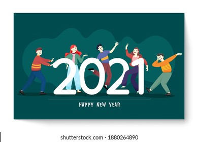 Happy people or office workers, employees hold big numbers 2021. Group of friends or team wish Merry Christmas and happy New Year