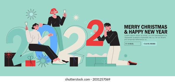 Happy  people or office workers, employees with big numbers 2022 and presents celebrate winter holidays. Group of friends or team wish Merry Christmas and happy New Year . Holiday corporate greeting.