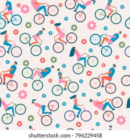 Happy people on bicycles. Vector illustration of a flat design seamless pattern.
