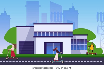 Happy people on electric scooters in city landscape, vector illustration in flat cartoon style. Young men and women, persons drives scooters, rides fast personal eco transport. Summer city background