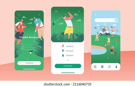 Happy People on Golf Field Mobile App Page Onboard Screen Template. Summertime Sports, Outdoor Fun Activity. Young Characters with Golf Equipment and Cart. Concept. Cartoon Vector Illustration svg